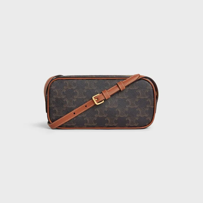 Celine Mini Bags MINI CAMERA SHOULDER BAG CUIR TRIOMPHE In TRIOMPHE CANVAS And Calfskin 8211 Tan 8211 Women Celine Mini Bags MINI CAMERA SHOULDER BAG CUIR TRIOMPHE In TRIOMPHE CANVAS And Calfskin 8211 Tan 8211 Women