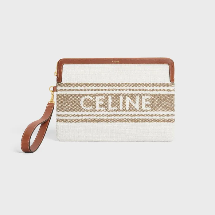 Celine Tech And Small Accessories SMALL POUCH WITH STRAP In STRIPED TEXTILE WITH CELINE JACQUARD 8211 Tobacco Tan 8211 Women Celine Tech And Small Accessories SMALL POUCH WITH STRAP In STRIPED TEXTILE WITH CELINE JACQUARD 8211 Tobacco Tan 8211 Women