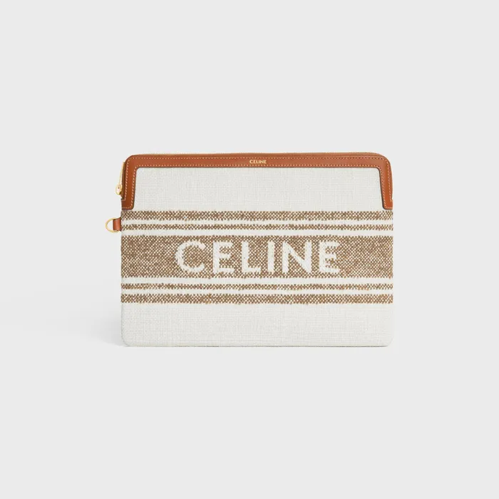 Celine Tech And Small Accessories SMALL POUCH WITH STRAP In STRIPED TEXTILE WITH CELINE JACQUARD 8211 Tobacco Tan 8211 Women Celine Tech And Small Accessories SMALL POUCH WITH STRAP In STRIPED TEXTILE WITH CELINE JACQUARD 8211 Tobacco Tan 8211 Women