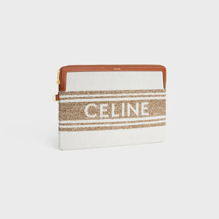 Celine Tech And Small Accessories SMALL POUCH WITH STRAP In STRIPED TEXTILE WITH CELINE JACQUARD 8211 Tobacco Tan 8211 Women Celine Tech And Small Accessories SMALL POUCH WITH STRAP In STRIPED TEXTILE WITH CELINE JACQUARD 8211 Tobacco Tan 8211 Women