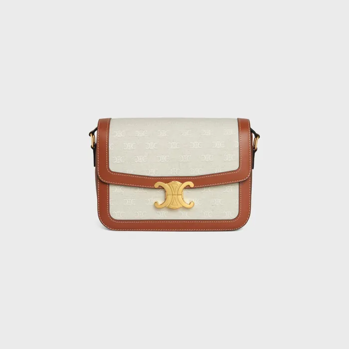 Celine Triomphe Classique Triomphe Bag In TEXTILE WITH TRIOMPHE ALLOVER AND CALFSKIN 8211 Natural Tan 8211 Women Celine Triomphe Classique Triomphe Bag In TEXTILE WITH TRIOMPHE ALLOVER AND CALFSKIN 8211 Natural Tan 8211 Women