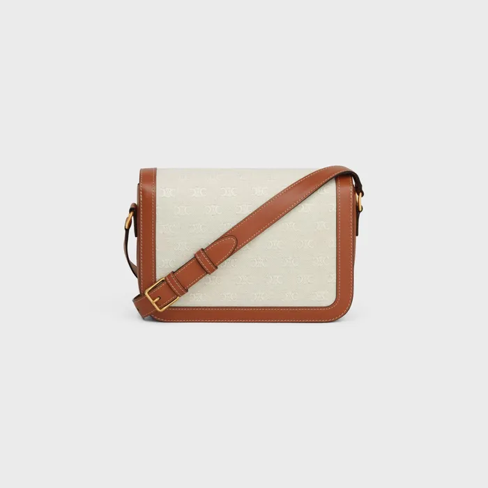 Celine Triomphe Classique Triomphe Bag In TEXTILE WITH TRIOMPHE ALLOVER AND CALFSKIN 8211 Natural Tan 8211 Women Celine Triomphe Classique Triomphe Bag In TEXTILE WITH TRIOMPHE ALLOVER AND CALFSKIN 8211 Natural Tan 8211 Women