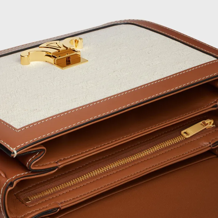 Celine Triomphe Classique Triomphe Bag In TEXTILE WITH TRIOMPHE ALLOVER AND CALFSKIN 8211 Natural Tan 8211 Women Celine Triomphe Classique Triomphe Bag In TEXTILE WITH TRIOMPHE ALLOVER AND CALFSKIN 8211 Natural Tan 8211 Women