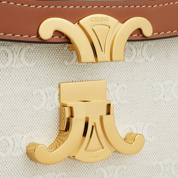 Celine Triomphe Classique Triomphe Bag In TEXTILE WITH TRIOMPHE ALLOVER AND CALFSKIN 8211 Natural Tan 8211 Women Celine Triomphe Classique Triomphe Bag In TEXTILE WITH TRIOMPHE ALLOVER AND CALFSKIN 8211 Natural Tan 8211 Women