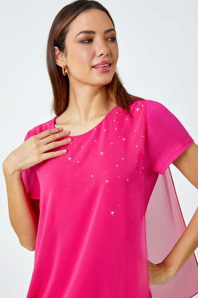 Cerise Diamante Embellished Overlay Top Women Roman Tops