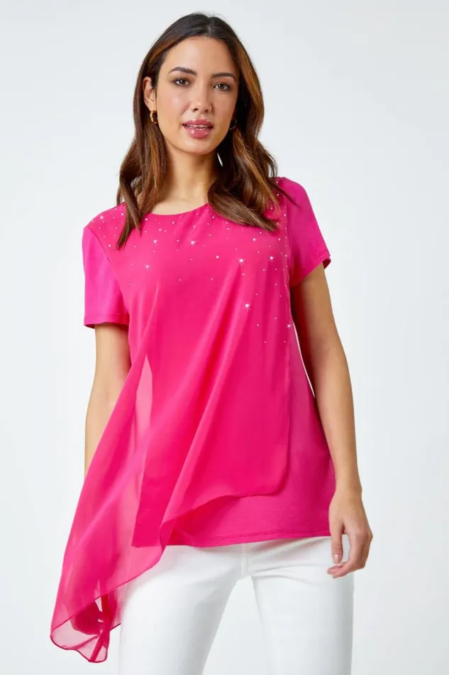 Cerise Diamante Embellished Overlay Top Women Roman Tops
