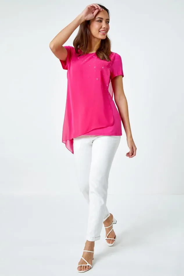 Cerise Diamante Embellished Overlay Top Women Roman Tops