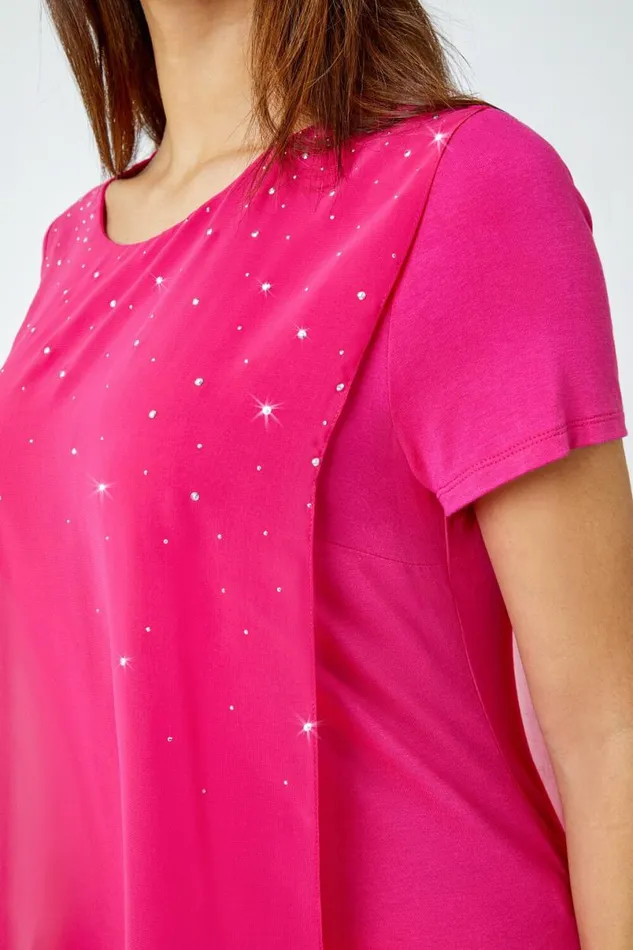 Cerise Diamante Embellished Overlay Top Women Roman Tops