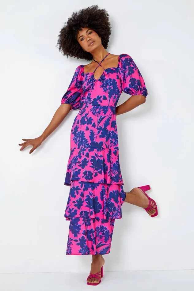 Cerise Floral Puff Sleeve Tiered Maxi Dress Women Roman Dresses