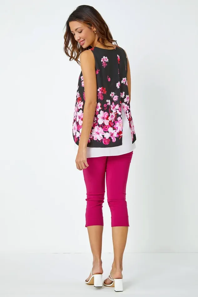 Cerise Sleeveless Floral Double Layer Chiffon Top Women Roman Tops
