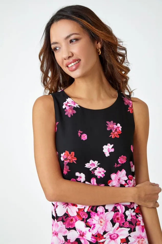 Cerise Sleeveless Floral Double Layer Chiffon Top Women Roman Tops