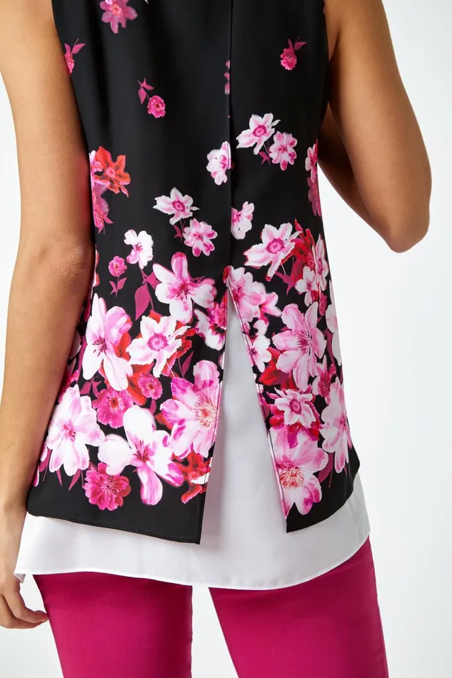 Cerise Sleeveless Floral Double Layer Chiffon Top Women Roman Tops