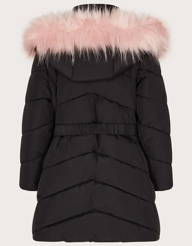 Children Belted Faux Fur Hooded Coat Black Monsoon Coats and Jackets