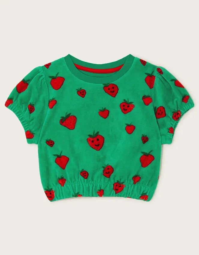 Children Strawberry Print Velour Top Green Monsoon Casualwear Collection