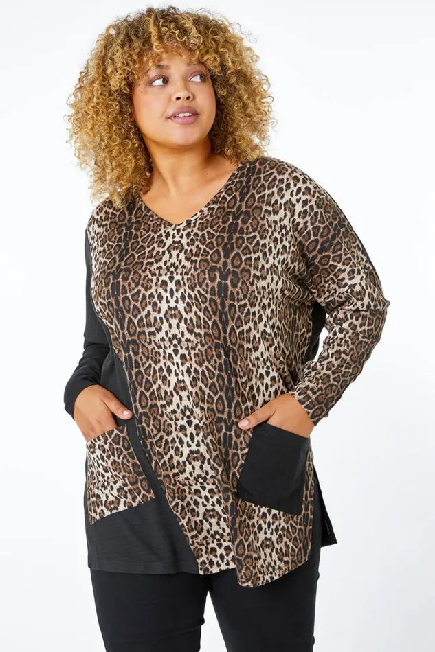 Chocolate Curve Animal Contrast VNeck Pocket Tunic Top Women Roman Tops