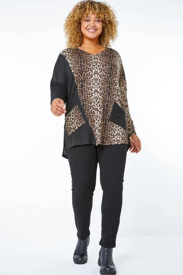 Chocolate Curve Animal Contrast VNeck Pocket Tunic Top Women Roman Tops