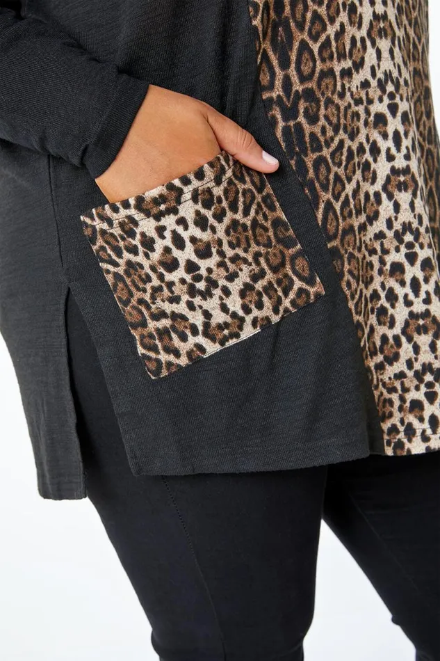Chocolate Curve Animal Contrast VNeck Pocket Tunic Top Women Roman Tops