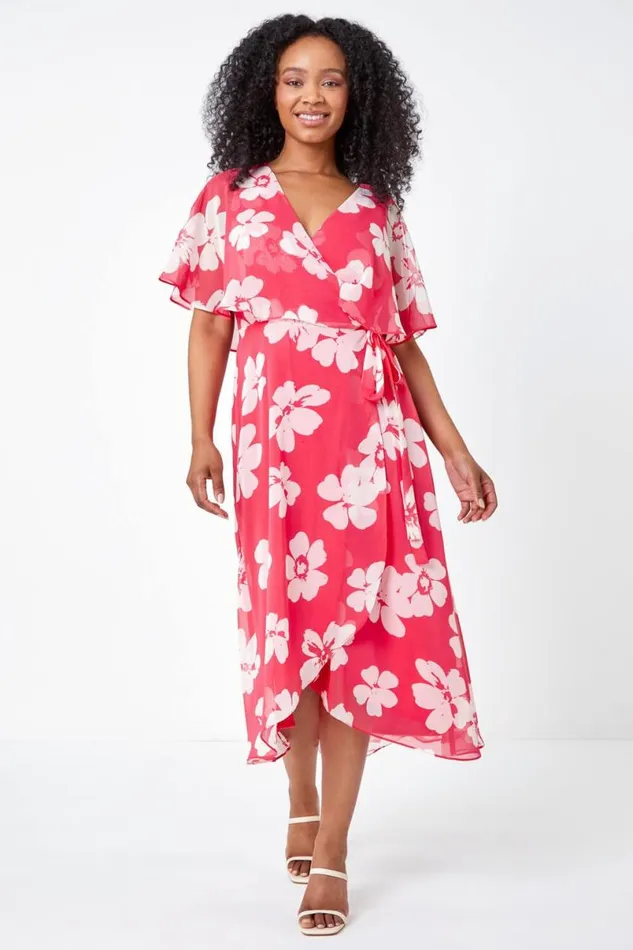 Coral Petite Floral Print Chiffon Cape Dress Women Roman Dresses