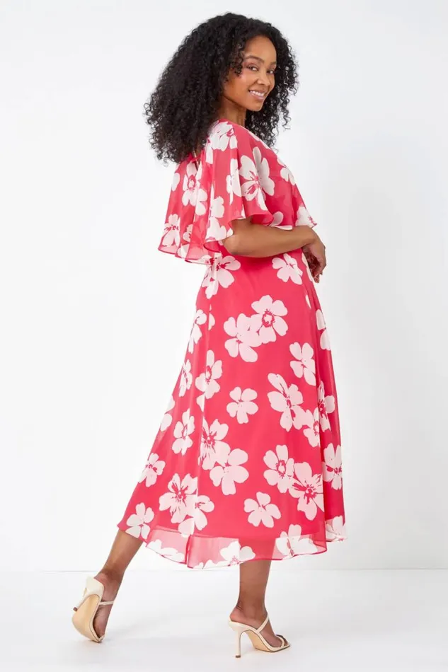 Coral Petite Floral Print Chiffon Cape Dress Women Roman Dresses