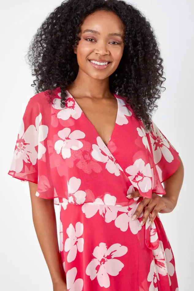 Coral Petite Floral Print Chiffon Cape Dress Women Roman Dresses