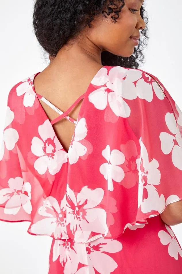 Coral Petite Floral Print Chiffon Cape Dress Women Roman Dresses