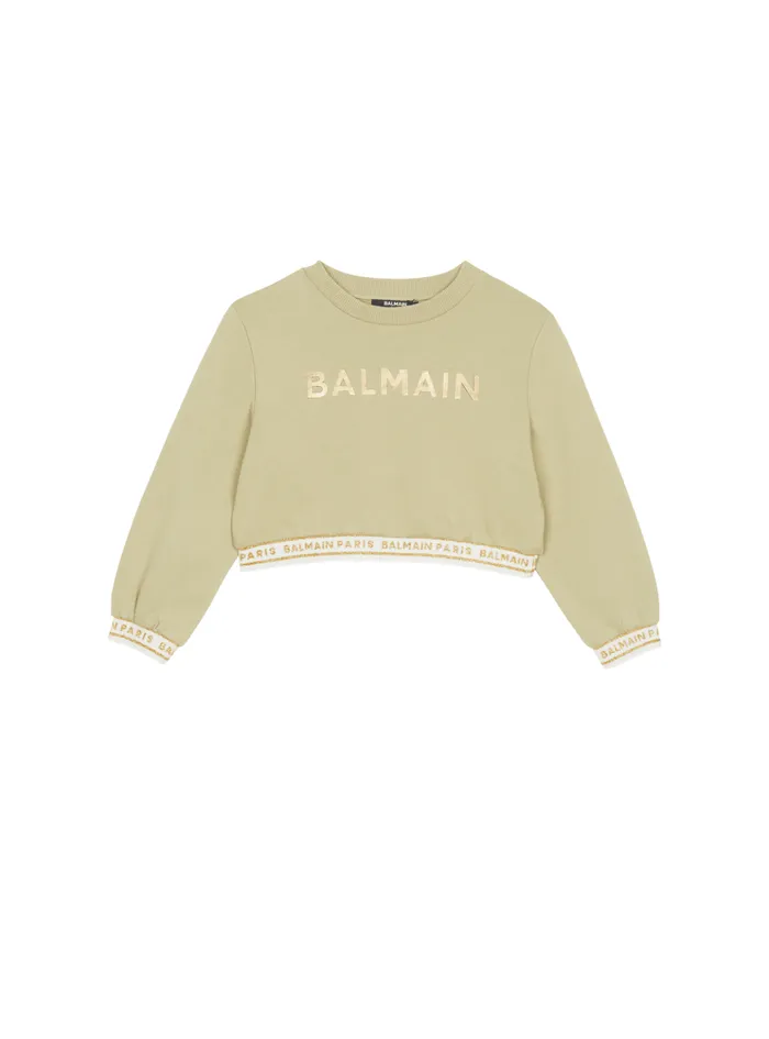 Cropped Sweatshirt With Elastic Green Kids Balmain