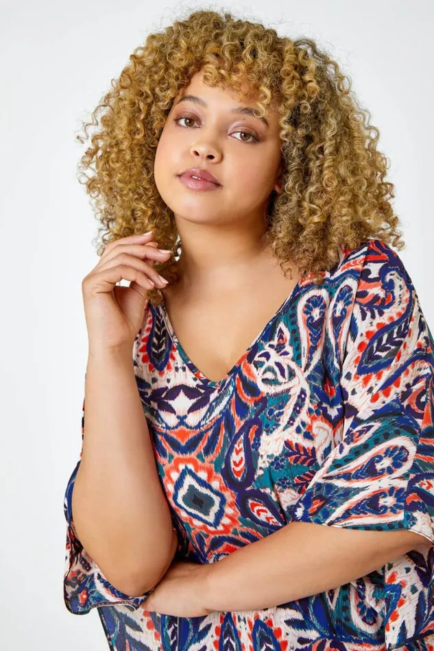 Curve Paisley Print VNeck Relaxed Tunic Top Women Roman Tops