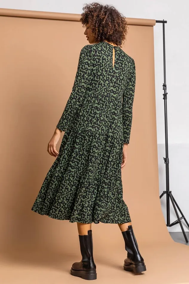 Dark Green Animal Jersey Tiered Midi Dress Women Roman Dresses