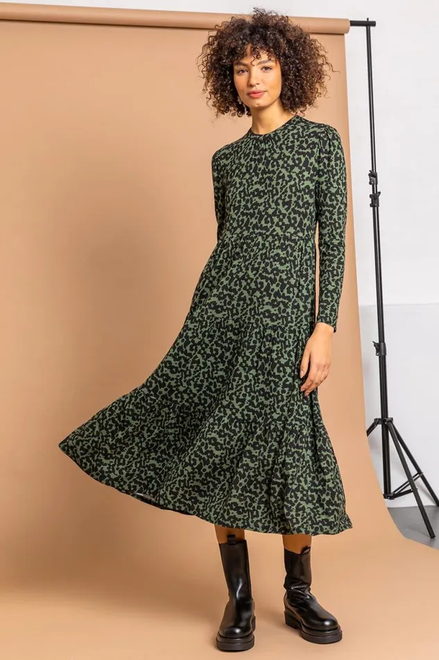 Dark Green Animal Jersey Tiered Midi Dress Women Roman Dresses