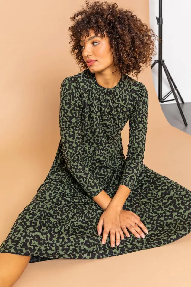 Dark Green Animal Jersey Tiered Midi Dress Women Roman Dresses