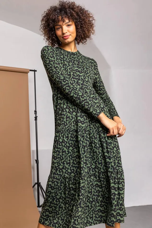 Dark Green Animal Jersey Tiered Midi Dress Women Roman Dresses