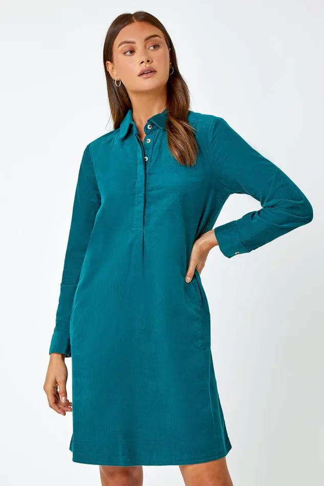 Dark Green Corduroy Tunic Shirt Dress Women Roman Dresses