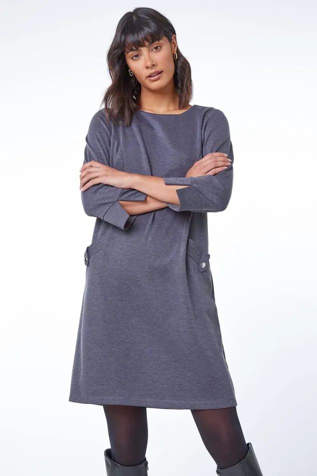 Dark Grey Button Detail Stretch Shift Dress Women Roman Dresses