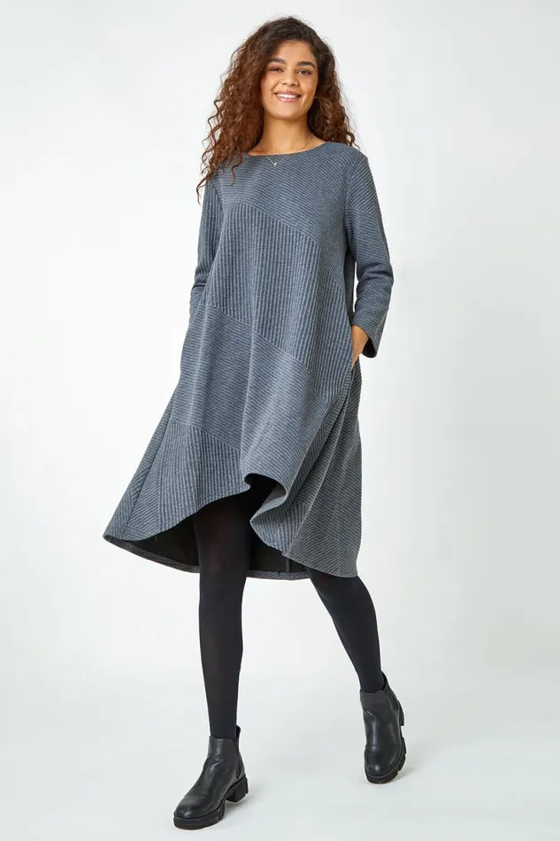 Dark Grey Ribbed Asymmetric Stretch Jersey Dress Women Roman Dresses