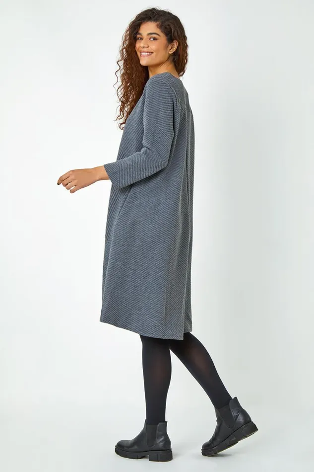 Dark Grey Ribbed Asymmetric Stretch Jersey Dress Women Roman Dresses