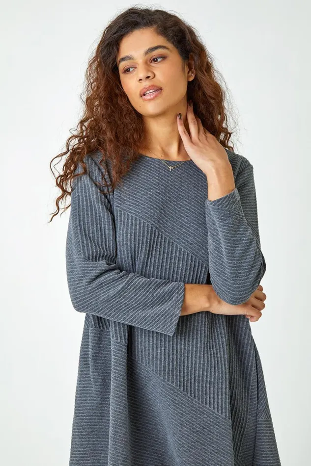 Dark Grey Ribbed Asymmetric Stretch Jersey Dress Women Roman Dresses