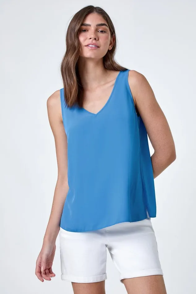 Denim Blue VNeck Sleeveless Chiffon Vest Top Women Roman Tops