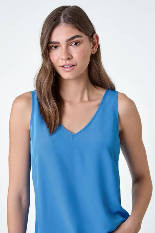 Denim Blue VNeck Sleeveless Chiffon Vest Top Women Roman Tops