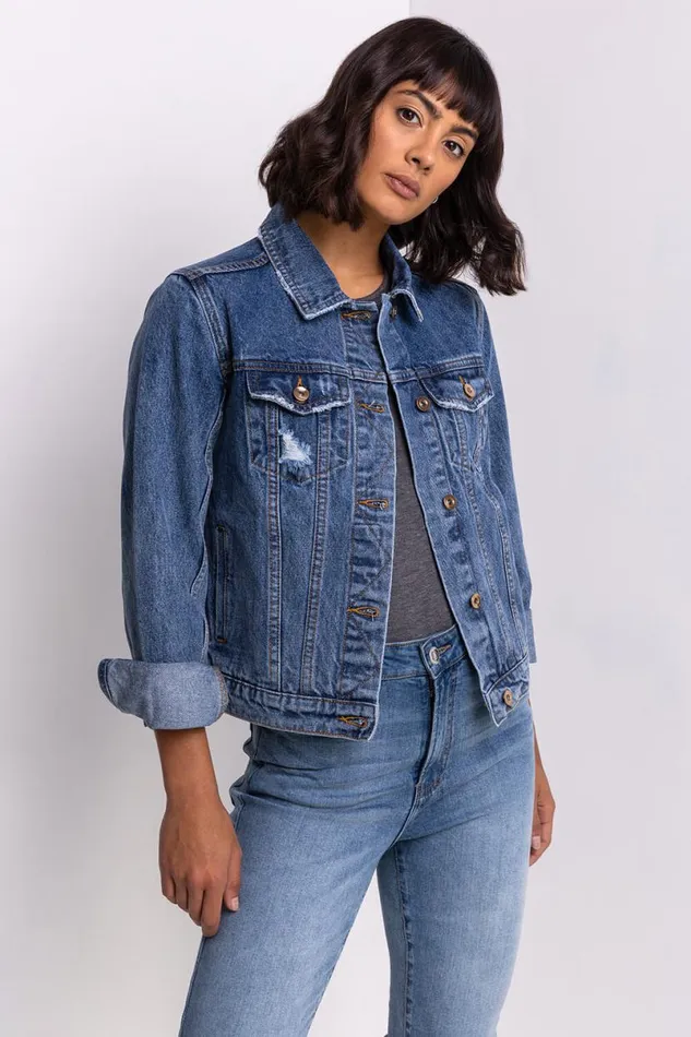 Denim Distressed Denim Jacket Women Roman Jackets