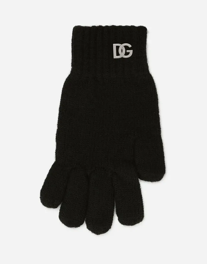 Dolce and Gabbana Accessories Children Ribbed Knit Gloves With Metal DG Logo Black