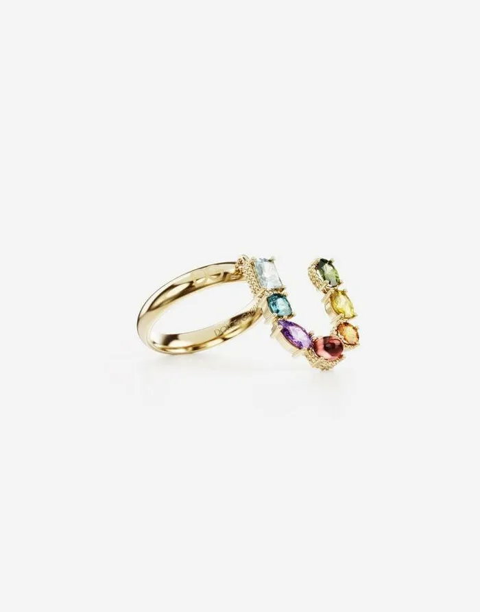 Dolce and Gabbana Alphabet Collection Women Rainbow Alphabet U Ring In Yellow Gold With Multicolor Fine Gems Gold Dolce and Gabbana Alphabet Collection Women Rainbow Alphabet U Ring In Yellow Gold With Multicolor Fine Gems Gold
