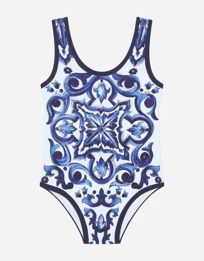Dolce and Gabbana Beachwear Children Majolicaprint Onepiece Swimsuit Multicolor
