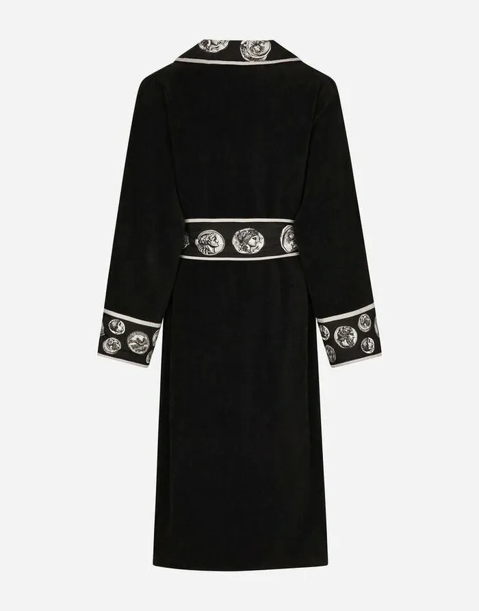 Dolce and Gabbana Beachwear Men Cotton Bathrobe With Coin Print Details Black Dolce and Gabbana Beachwear Men Cotton Bathrobe With Coin Print Details Black