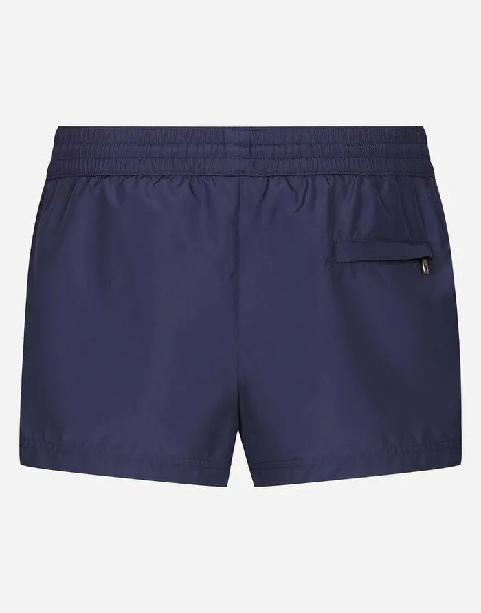 Dolce and Gabbana Beachwear Men Short Swim Trunks With Branded Plate Blue Dolce and Gabbana Beachwear Men Short Swim Trunks With Branded Plate Blue