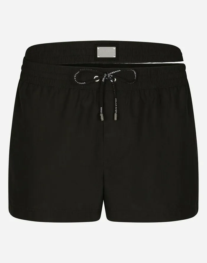 Dolce and Gabbana Beachwear Men Short Swim Trunks With Double Waistband And Branded Tag Black