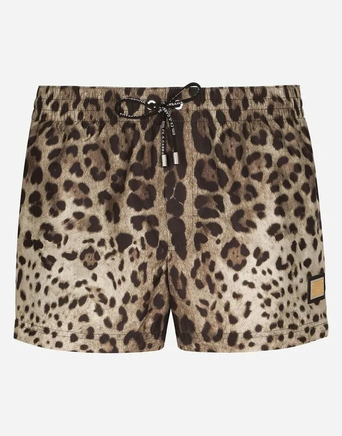 Dolce and Gabbana Beachwear Men Short Swim Trunks With Leopard Print Animal Print