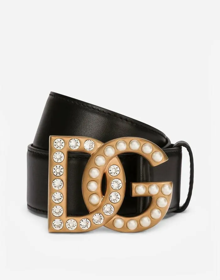 Dolce and Gabbana Belts Women Calfskin Belt With Bejeweled DG Logo Multicolor
