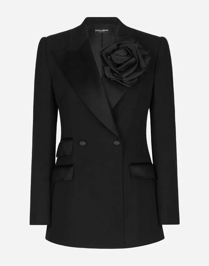Dolce and Gabbana Blazers Women Doublebreasted Woolen Jacket With Flower Appliqu Black
