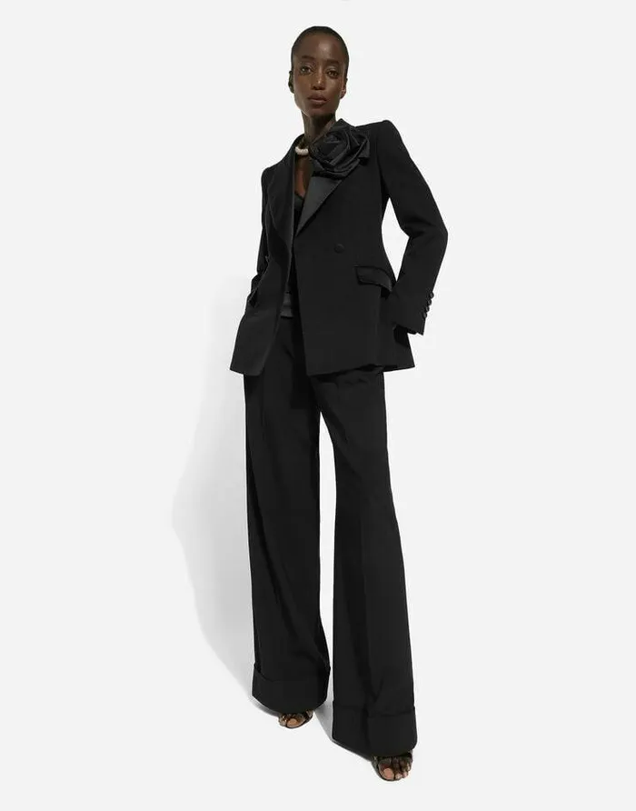 Dolce and Gabbana Blazers Women Doublebreasted Woolen Jacket With Flower Appliqu Black Dolce and Gabbana Blazers Women Doublebreasted Woolen Jacket With Flower Appliqu Black