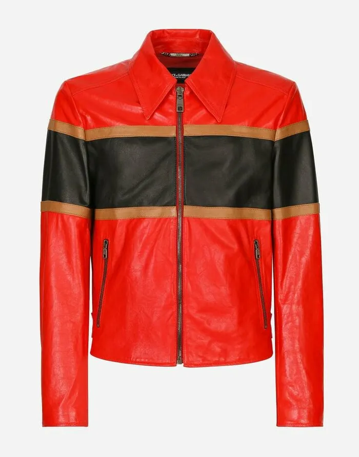 Dolce and Gabbana Coats And Jackets Men Leather Jacket With Contrasting Inserts Multicolor